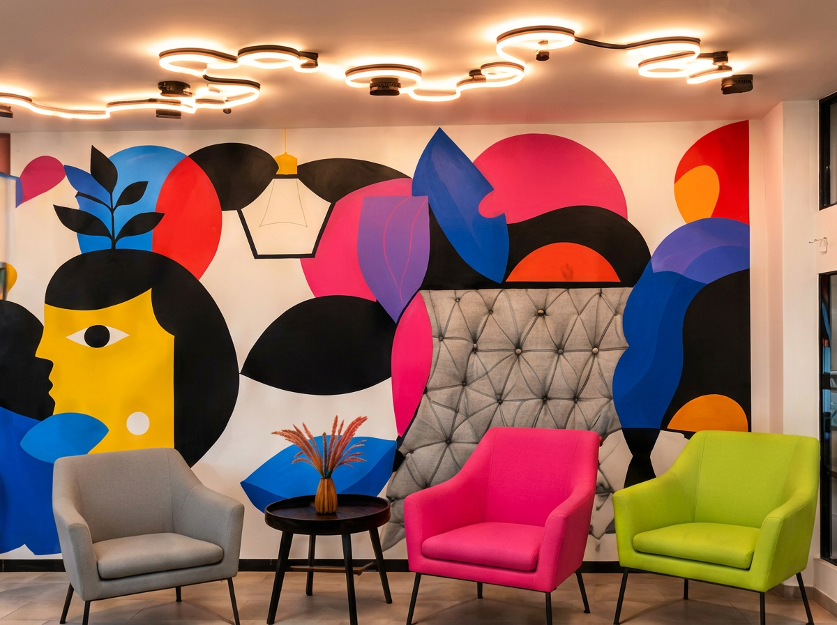 Fresque de visages colorés réalisée par Mouadh Déco